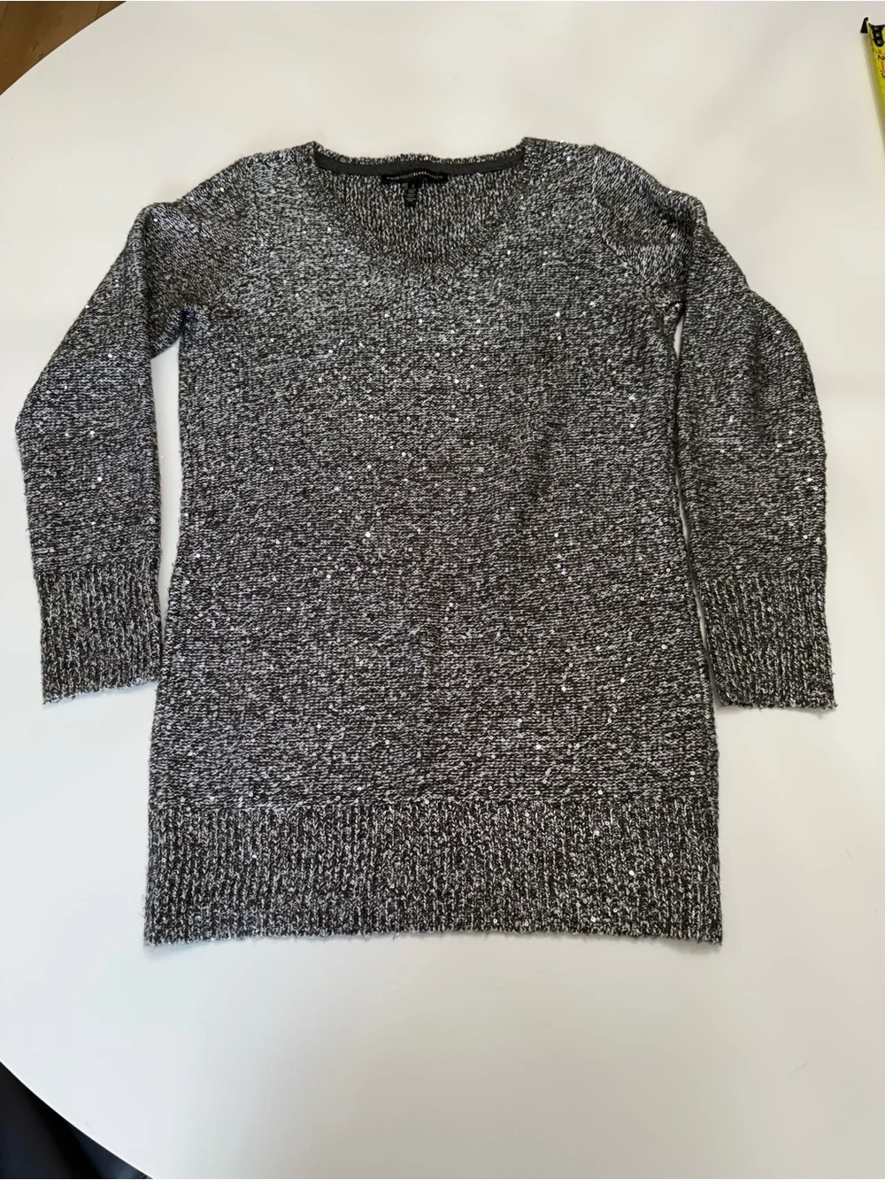 White House Black Market Charcoal V-Neck Speckled Knit Sweater